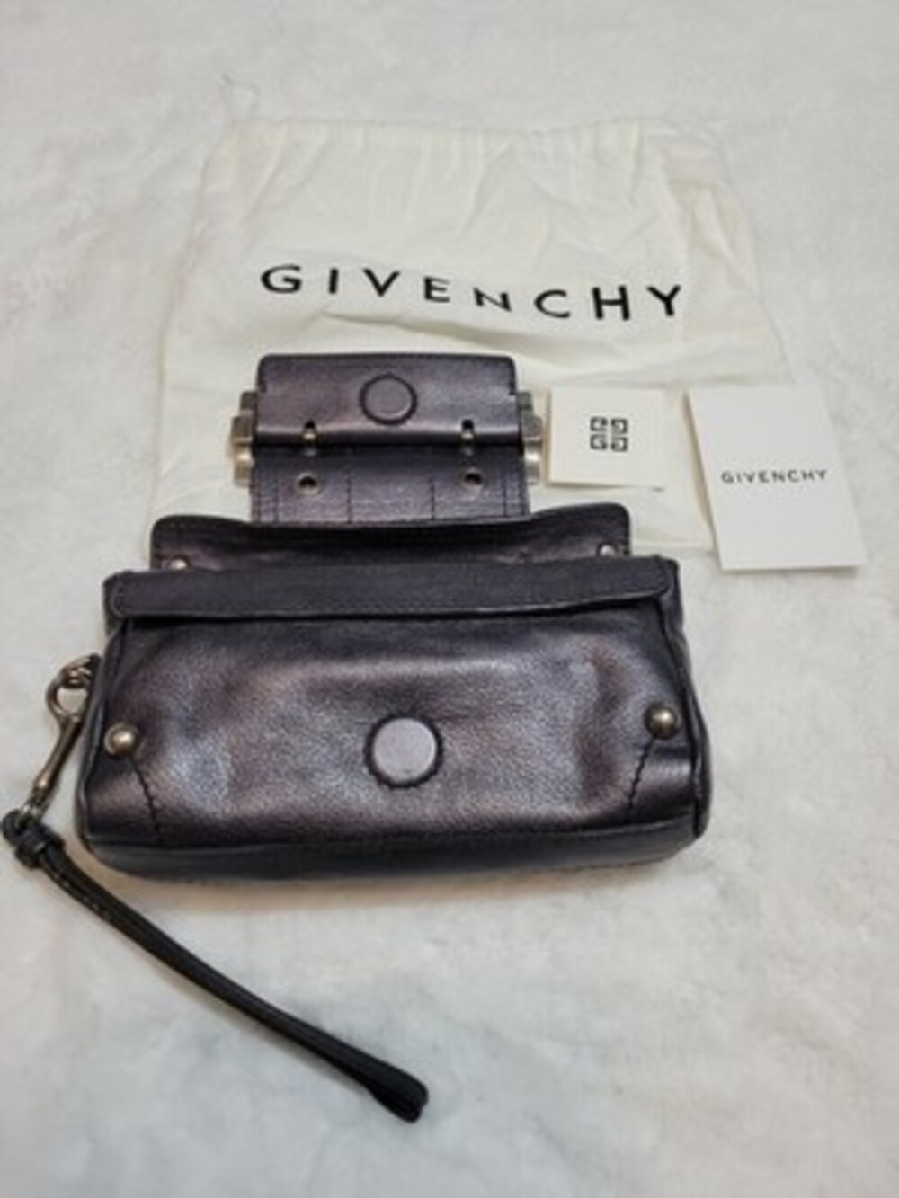 NIB AUTHENTIC GIVENCHY MINI CLARABELLA WRISTLET POUCH IN GUN METAL SILVER